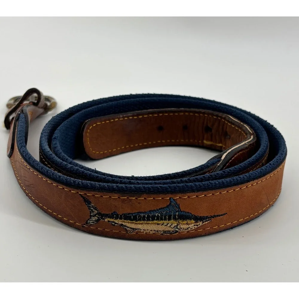 VTG Zeppelin Fish Canvas Leather Belt Size 46 Solid Brass Buckle Made In USA